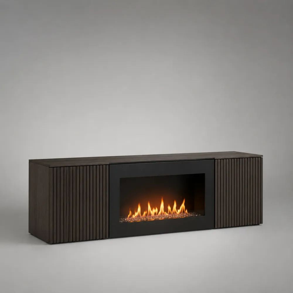 Mobile TV con camino elettrico integrato in legno e metallo, marrone noce e nero, 180 × 40 × 60 cm