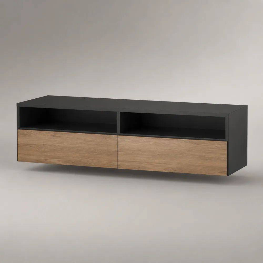 Mobile TV sospeso rettangolare in legno nero e rovere naturale con 2 cassetti e 2 vani aperti, 140 x 35 x 45 cm
