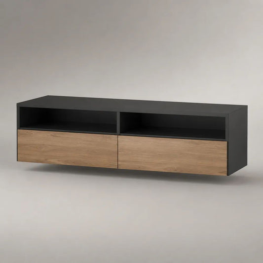 Mobile TV sospeso rettangolare in legno nero e rovere naturale con 2 cassetti e 2 vani aperti, 140 x 35 x 45 cm
