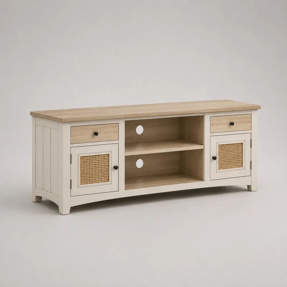 Mobile porta TV rettangolare bianco e rovere naturale in MDF e rattan, con 2 ante, 2 cassetti e 2 vani aperti, 140 x 40 x 65 cm