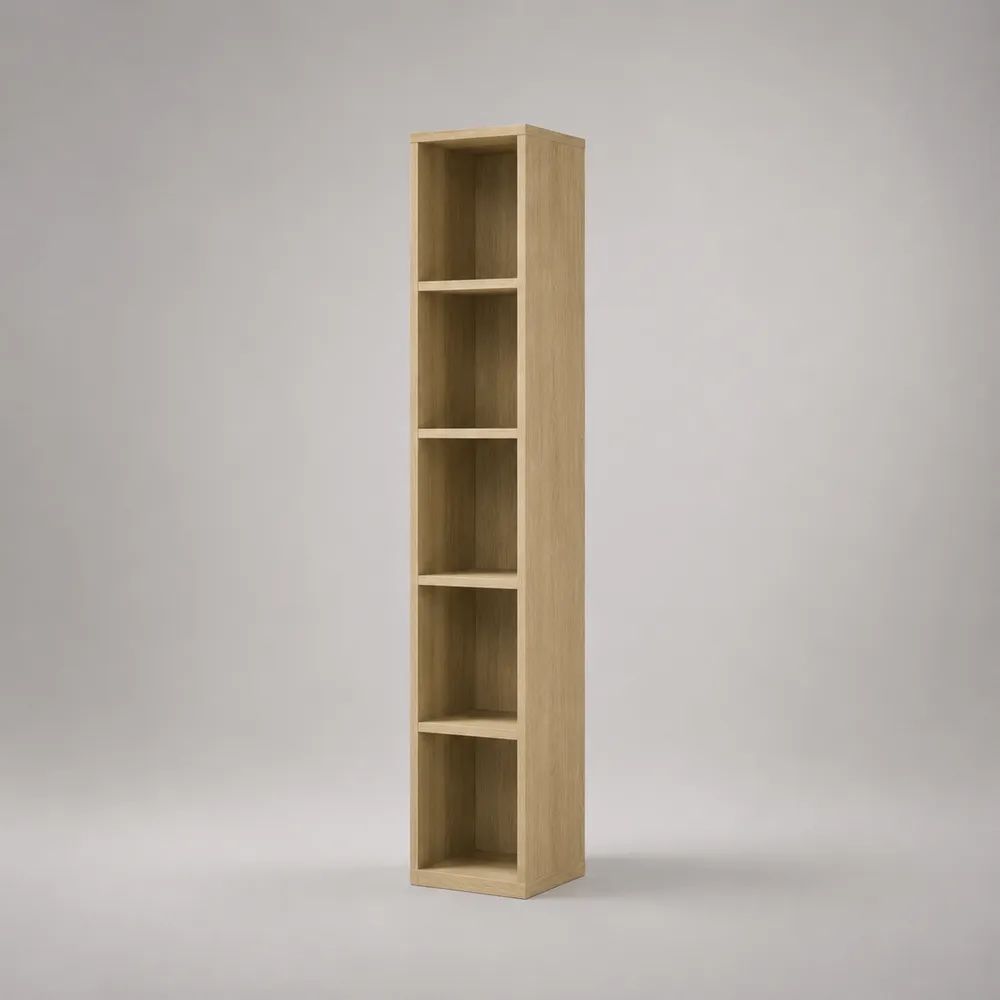 Libreria stretta a colonna in legno rovere chiaro con 5 vani, 30 x 30 x 180 cm