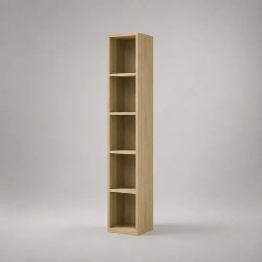 Libreria stretta a colonna in legno rovere chiaro con 5 vani, 30 x 30 x 180 cm