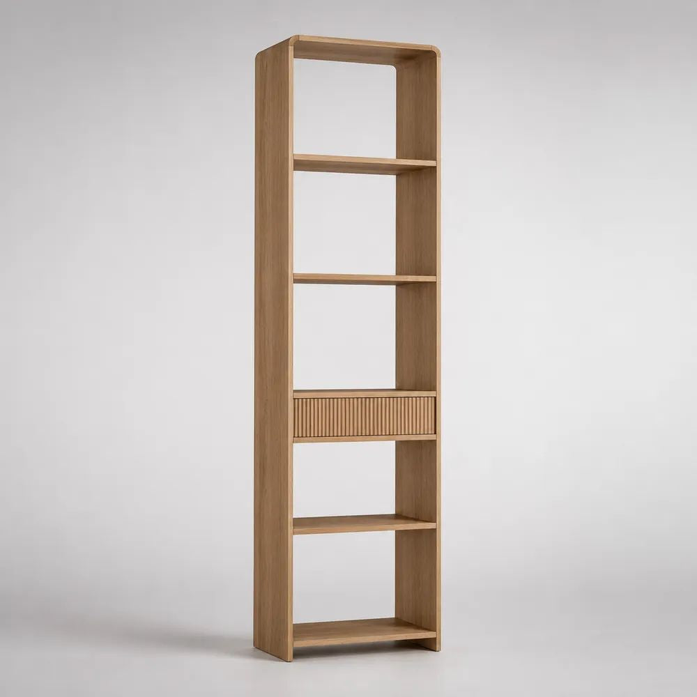 Libreria a colonna rettangolare in MDF impiallacciato, 5 vani e cassetto, rovere naturale, 45 × 30 × 180 cm
