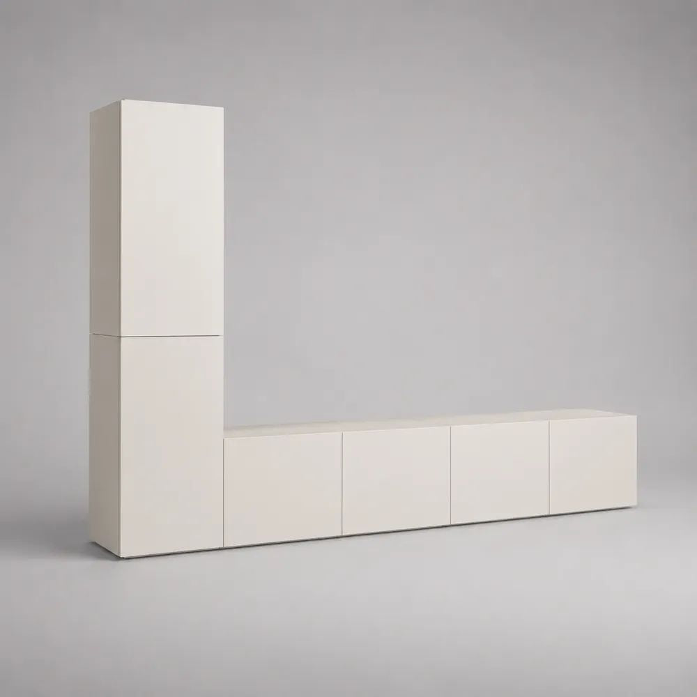 Mobile TV componibile bianco opaco, composizione di 3 moduli in pannello truciolare melaminico, 300 x 40 x 180 cm