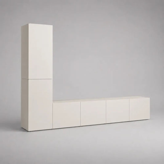 Mobile TV componibile bianco opaco, composizione di 3 moduli in pannello truciolare melaminico, 300 x 40 x 180 cm