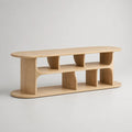 Mobile TV in legno rovere naturale con ripiani aperti ed estremità arrotondate, 160 x 40 x 65 cm