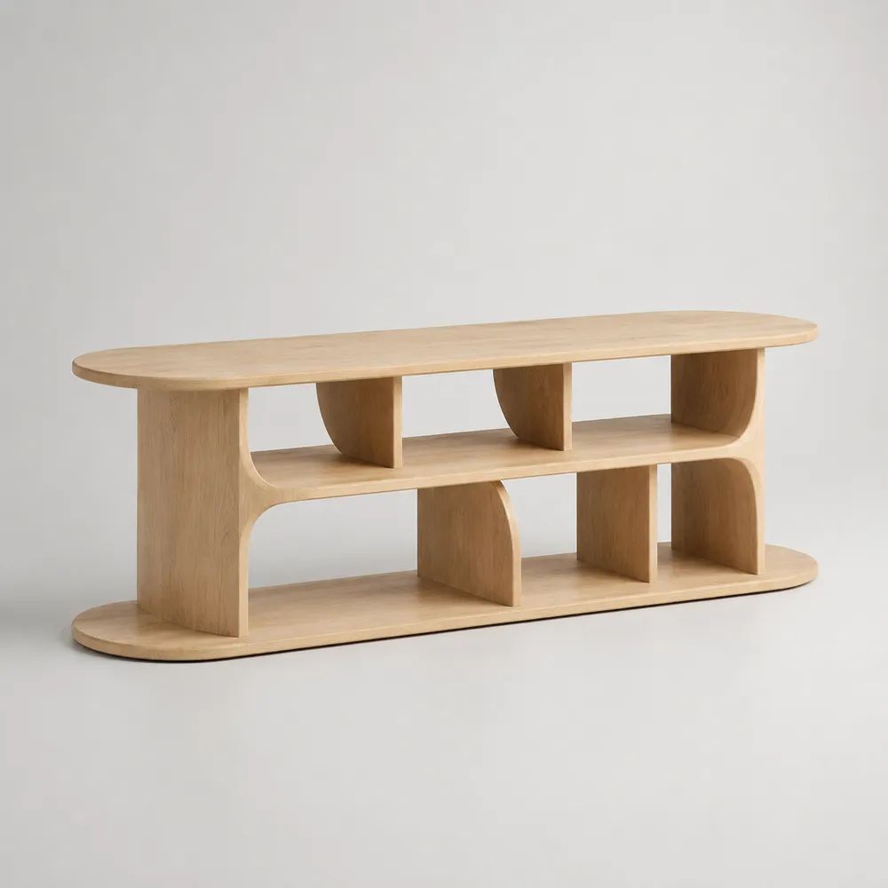 Mobile TV in legno rovere naturale con ripiani aperti ed estremità arrotondate, 160 x 40 x 65 cm