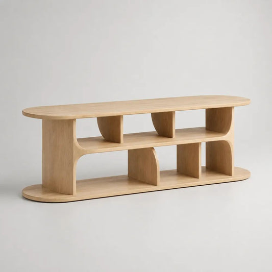 Mobile TV in legno rovere naturale con ripiani aperti ed estremità arrotondate, 160 x 40 x 65 cm