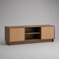 Mobile TV basso rettangolare in MDF e pannello di particelle, marrone noce e marrone chiaro, 160 x 40 x 65 cm, con 2 ante scanalate e 2 vani aperti