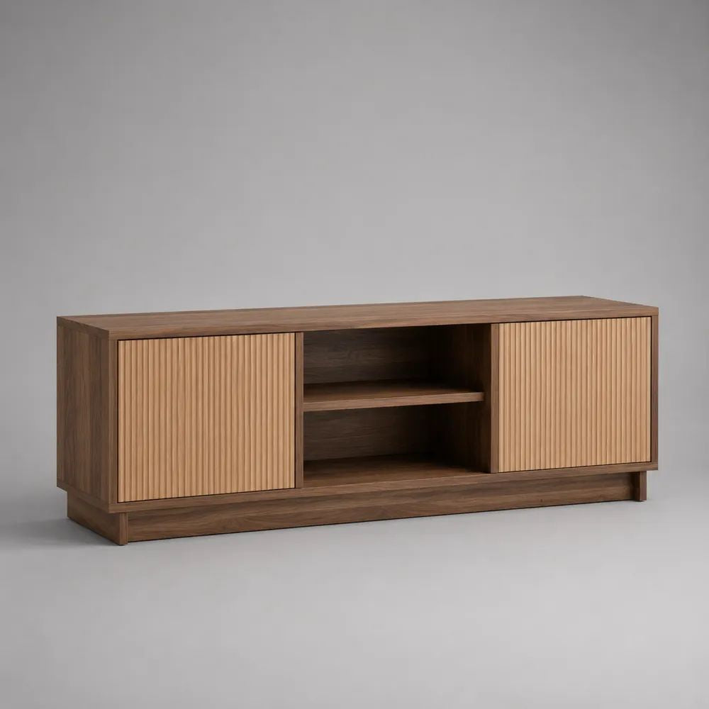 Mobile TV basso rettangolare in MDF e pannello di particelle, marrone noce e marrone chiaro, 160 x 40 x 65 cm, con 2 ante scanalate e 2 vani aperti