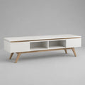 Mobile TV rettangolare bianco e rovere in truciolare melaminico con 2 ante, 2 vani e gambe in legno, 150 x 40 x 55 cm