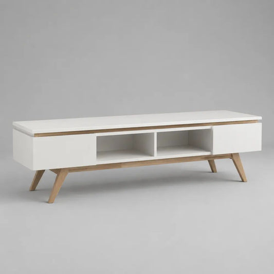 Mobile TV rettangolare bianco e rovere in truciolare melaminico con 2 ante, 2 vani e gambe in legno, 150 x 40 x 55 cm