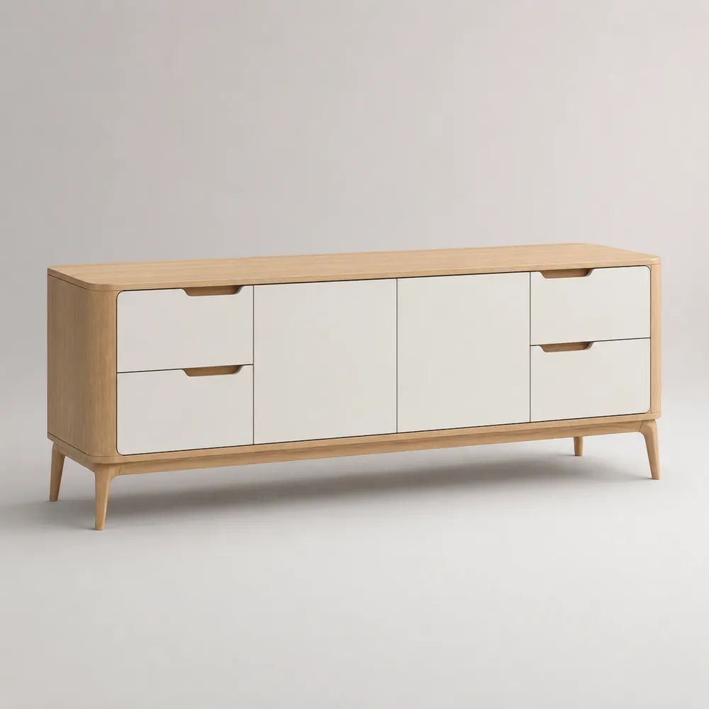 Mobile TV basso rettangolare bianco e rovere naturale in legno e MDF con 2 ante e 4 cassetti, 160 x 40 x 70 cm