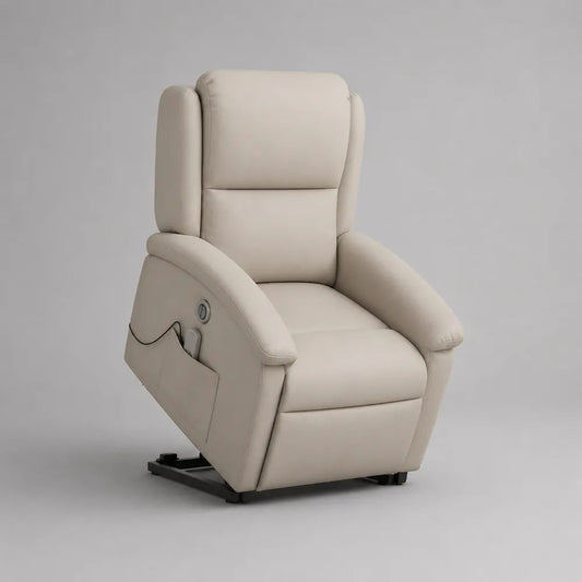 Poltrona relax elettrica alzapersona beige in pelle sintetica con schienale alto, 83 x 92 x 108 cm