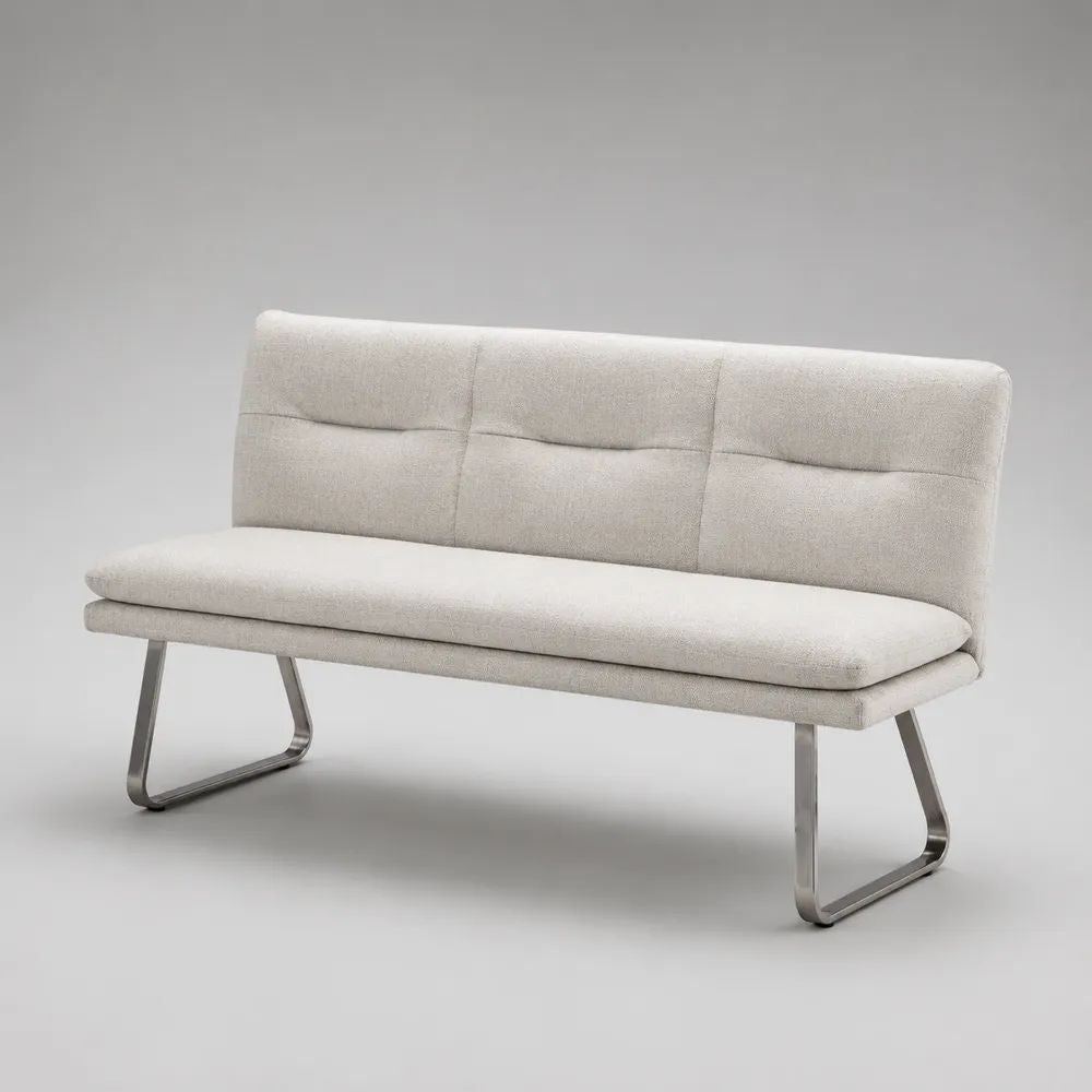 Panca imbottita a 2 posti beige e argento in tessuto e metallo, 140 × 58 × 83 cm