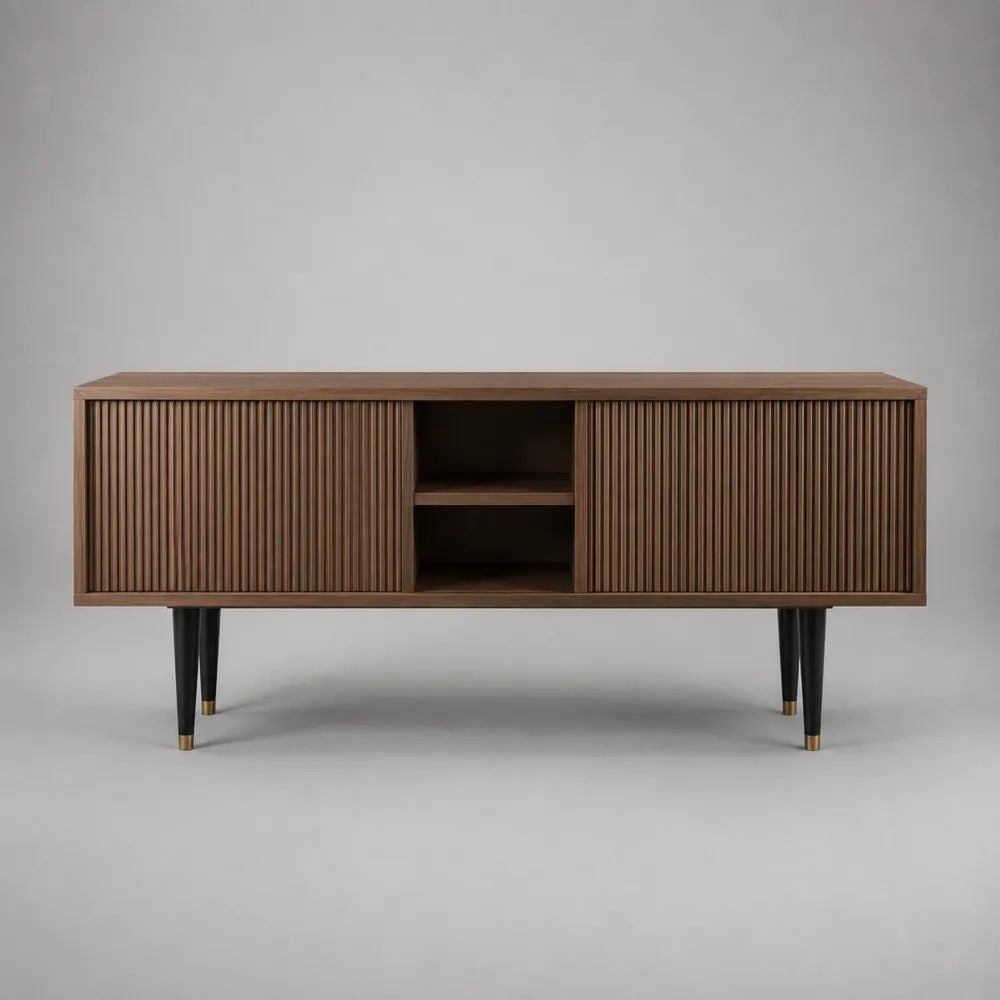 Mobile TV rettangolare in legno e metallo marrone noce 160 × 40 × 70 cm con ante scanalate