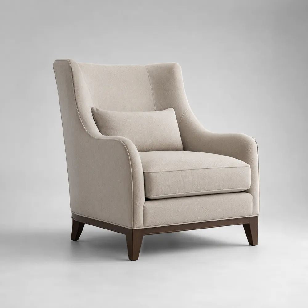 Poltrona imbottita beige e marrone scuro con schienale alto, rivestimento in tessuto e gambe in legno, 82 x 88 x 102 cm