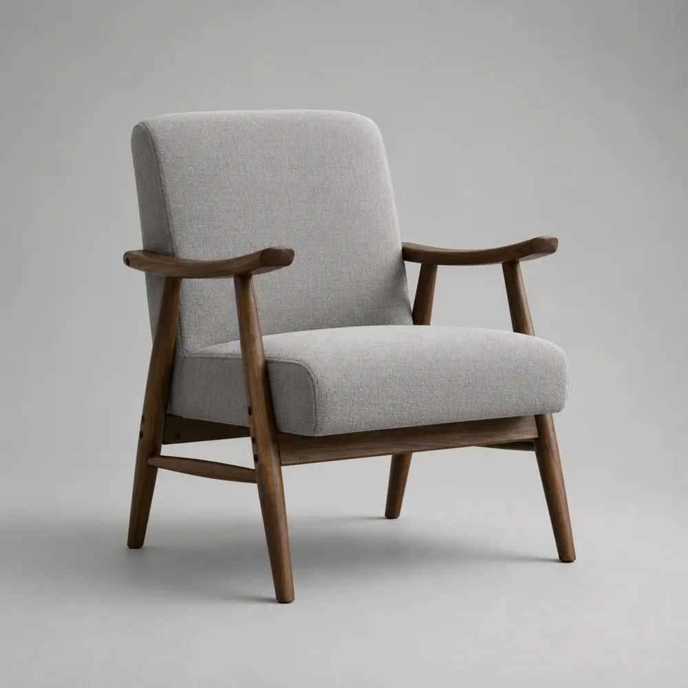 Poltrona imbottita grigio chiaro in tessuto con braccioli e struttura in legno, 70 × 78 × 84 cm