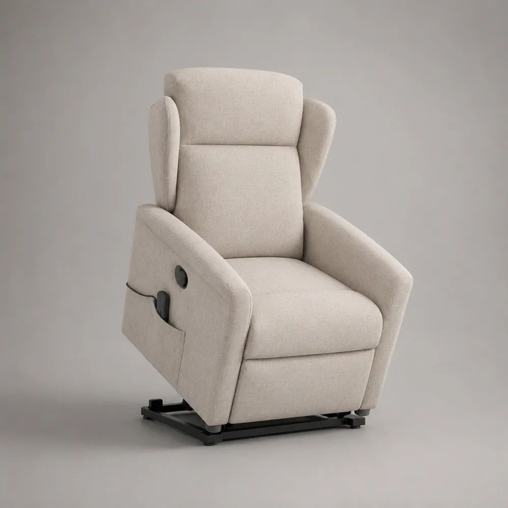 Poltrona relax alzapersona elettrica a 1 posto in tessuto beige con base nera, 75 x 90 x 104 cm