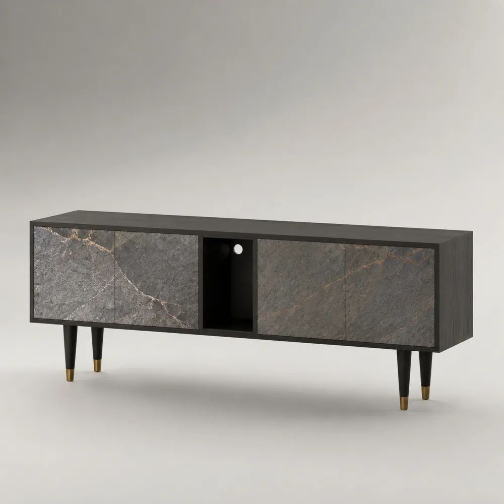 Mobile TV rettangolare in legno con 4 ante e vano aperto, grigio marmorizzato e antracite, 180 x 40 x 70 cm