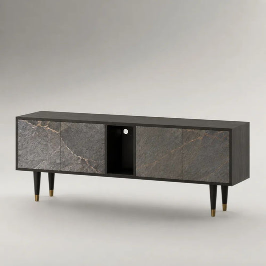 Mobile TV rettangolare in legno con 4 ante e vano aperto, grigio marmorizzato e antracite, 180 x 40 x 70 cm