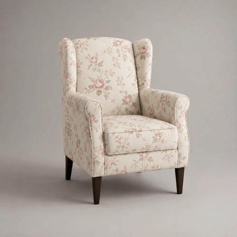 Poltrona bergère con schienale alto, rivestimento floreale avorio e rosa, gambe in faggio massello, 78 x 82 x 108 cm
