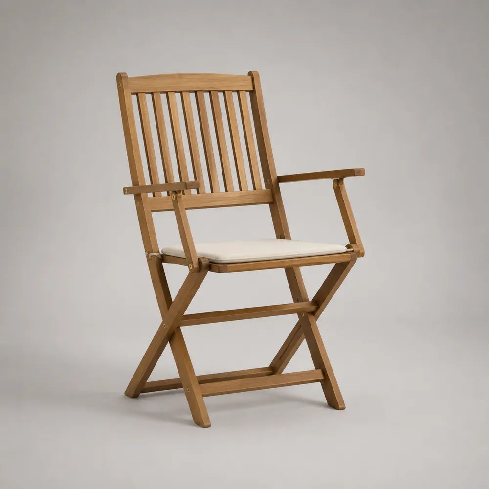 Sedia da giardino pieghevole con braccioli in legno massello di acacia marrone con cuscino crema, 56 x 58 x 90 cm