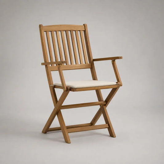Sedia da giardino pieghevole con braccioli in legno massello di acacia marrone con cuscino crema, 56 x 58 x 90 cm