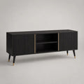 Mobile TV rettangolare in MDF nero e oro 150 x 40 x 70 cm con 2 ante scanalate e ripiano centrale
