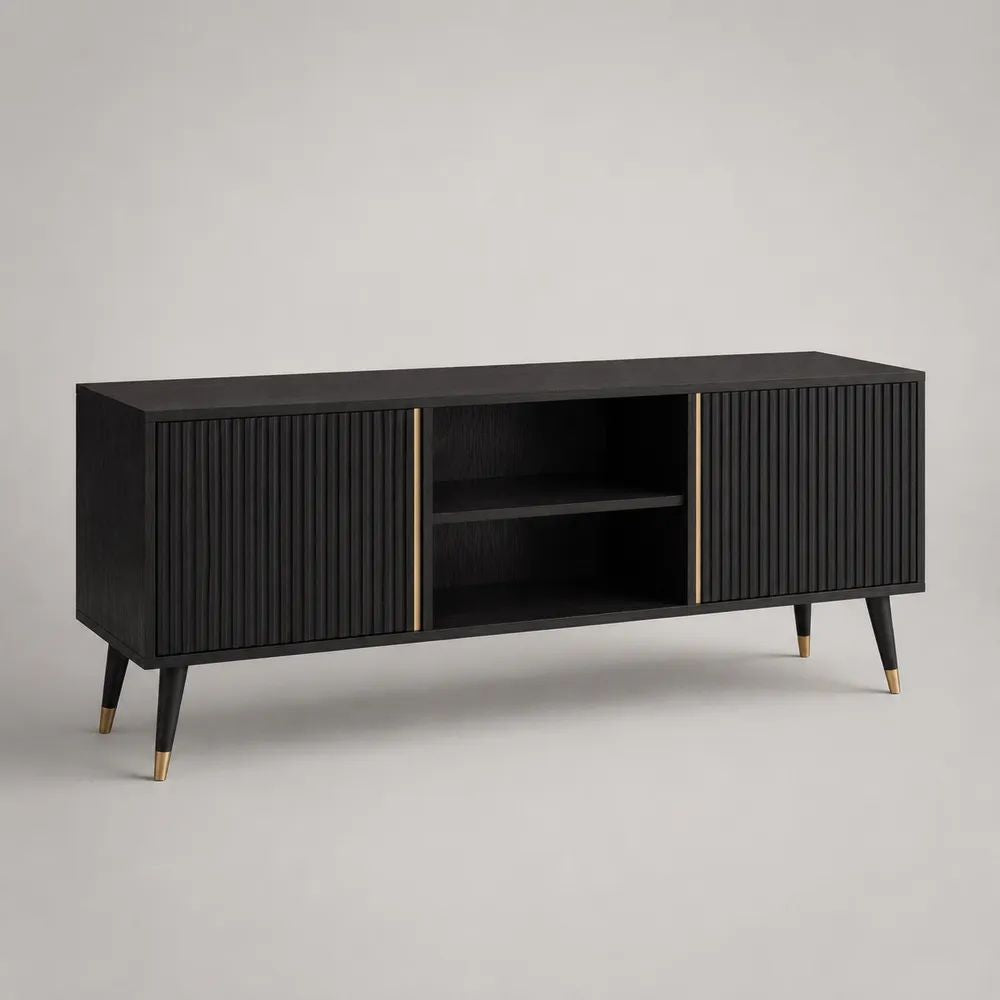 Mobile TV rettangolare in MDF nero e oro 150 x 40 x 70 cm con 2 ante scanalate e ripiano centrale