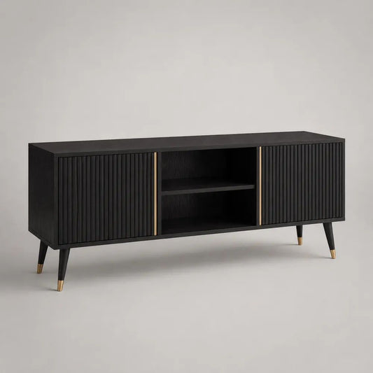 Mobile TV rettangolare in MDF nero e oro 150 x 40 x 70 cm con 2 ante scanalate e ripiano centrale