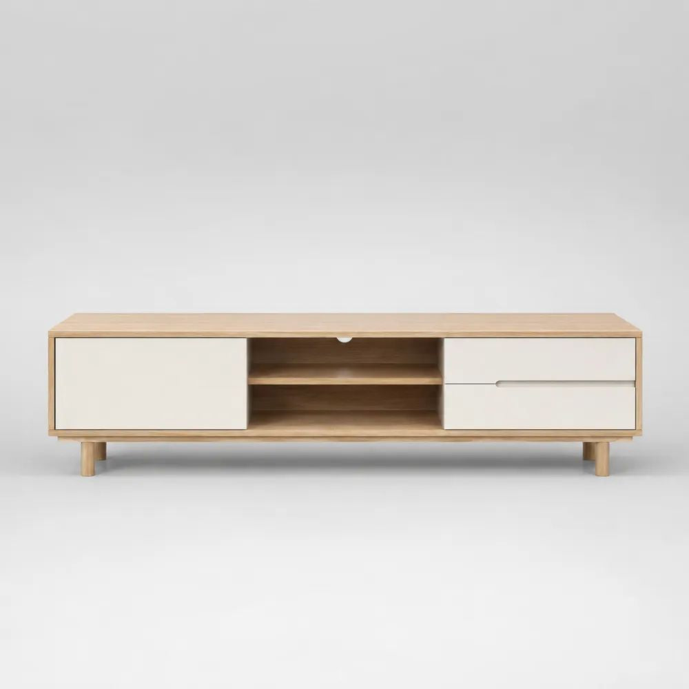 Mobile TV basso rettangolare in legno, rovere naturale e bianco, 160 x 40 x 55 cm