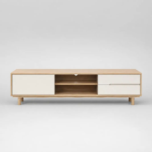 Mobile TV basso rettangolare in legno, rovere naturale e bianco, 160 x 40 x 55 cm