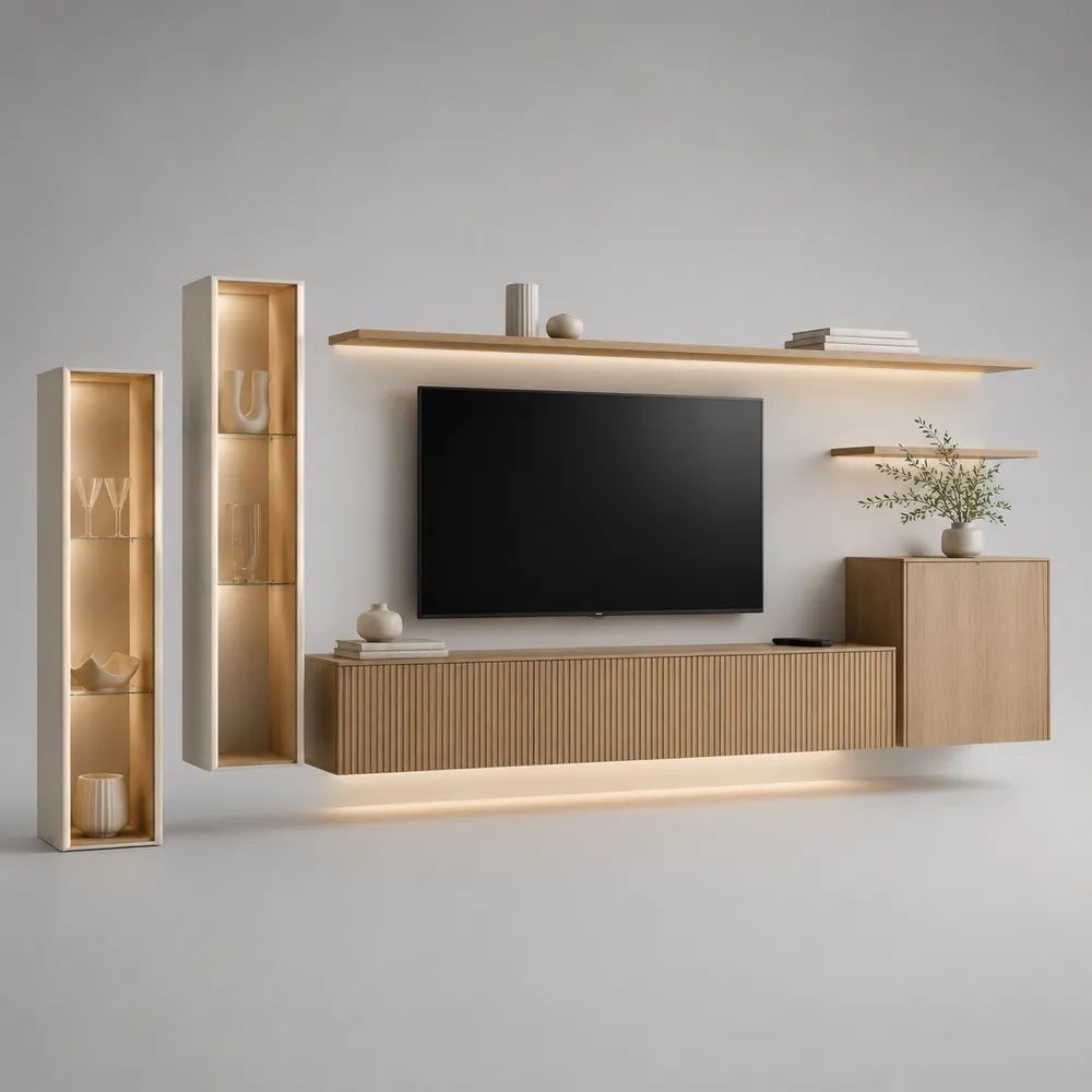 Parete attrezzata sospesa porta TV, composizione 6 pezzi in MDF e vetro con illuminazione LED, rovere naturale e beige chiaro, 320 x 35 x 210 cm