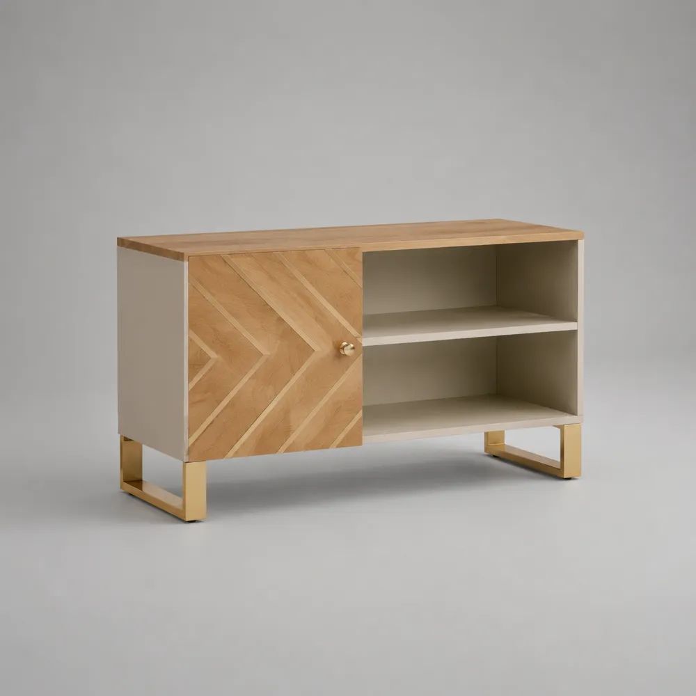Mobile TV rettangolare con anta e 2 vani aperti in MDF impiallacciato e acciaio, rovere naturale, beige e oro, 120 × 40 × 75 cm