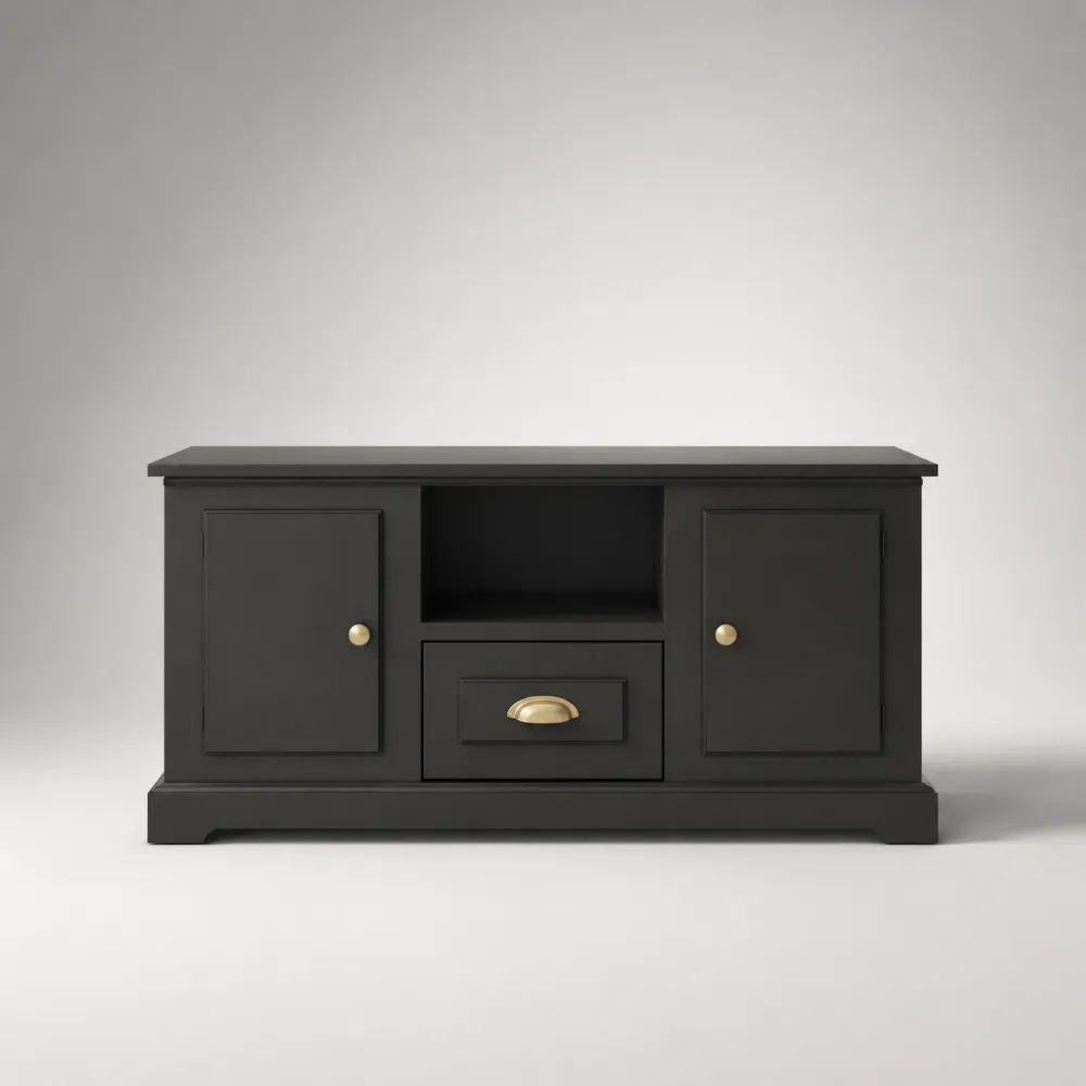 Mobile porta TV rettangolare nero in MDF, 120 x 40 x 65 cm, con 2 ante, cassetto e vano aperto