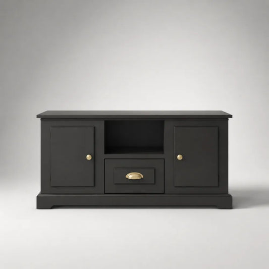 Mobile porta TV rettangolare nero in MDF, 120 x 40 x 65 cm, con 2 ante, cassetto e vano aperto