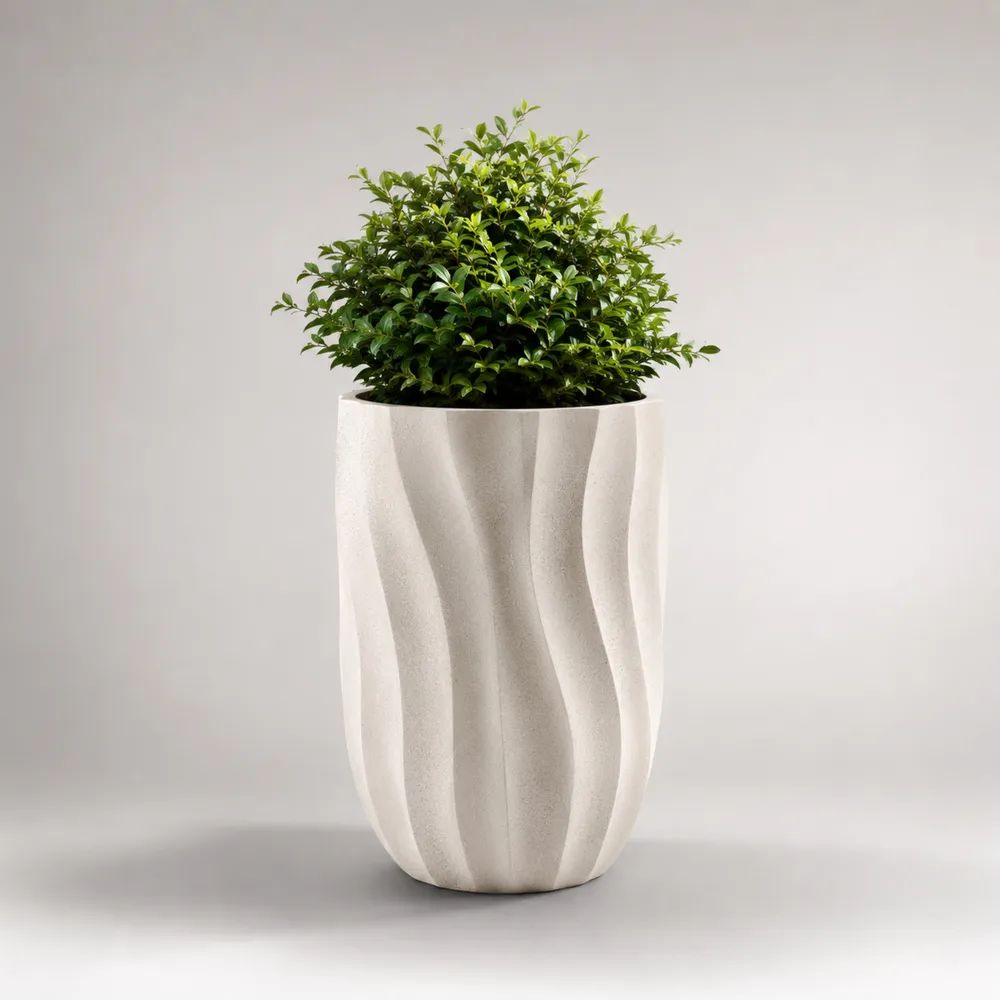 Vaso alto rotondo bianco in cemento fibrorinforzato con rilievo ondulato Ø 40 x 60 cm