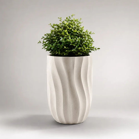 Vaso alto rotondo bianco in cemento fibrorinforzato con rilievo ondulato Ø 40 x 60 cm