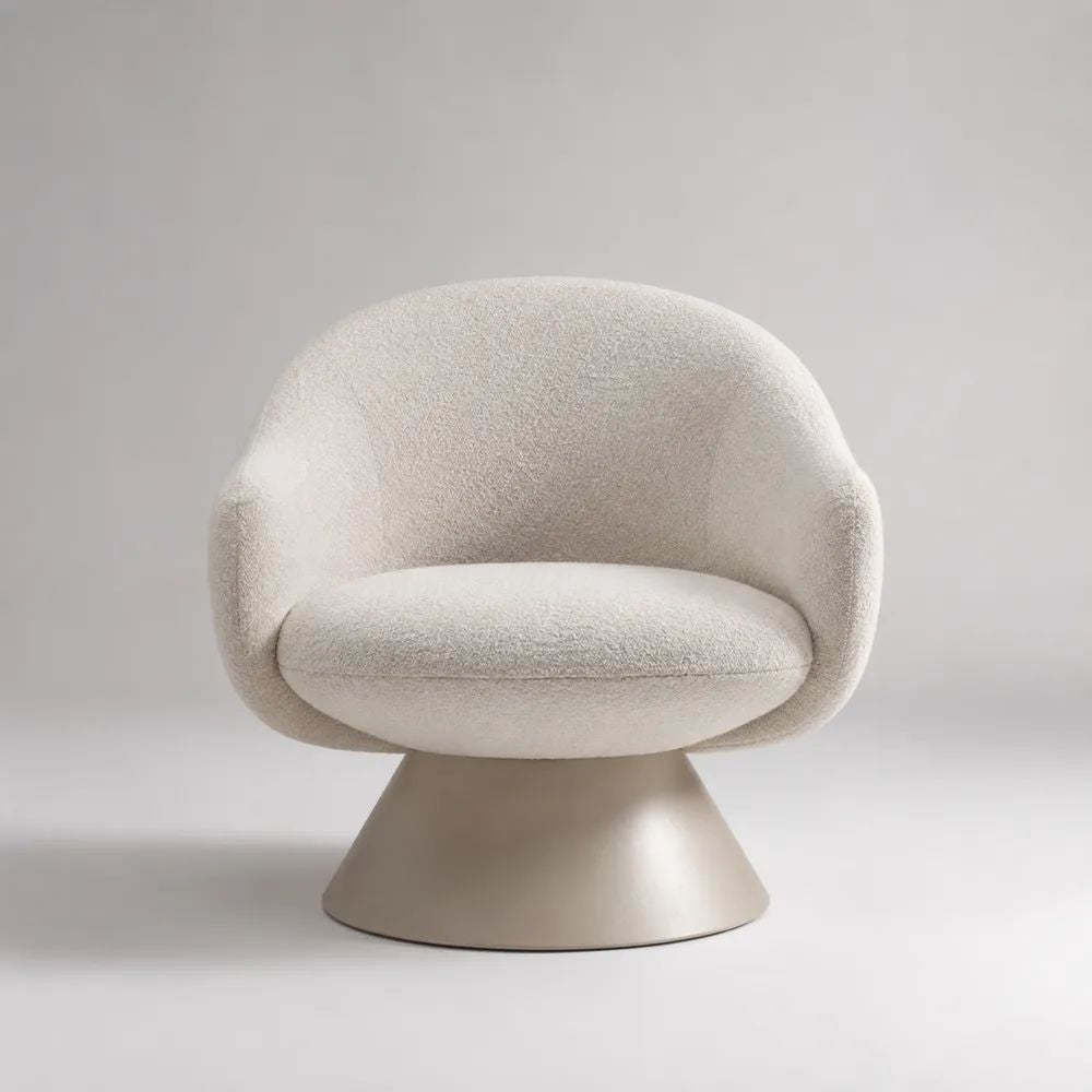 Poltrona girevole in tessuto bouclé avorio con base a piedistallo beige tortora, 82 x 76 x 78 cm