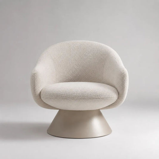 Poltrona girevole in tessuto bouclé avorio con base a piedistallo beige tortora, 82 x 76 x 78 cm