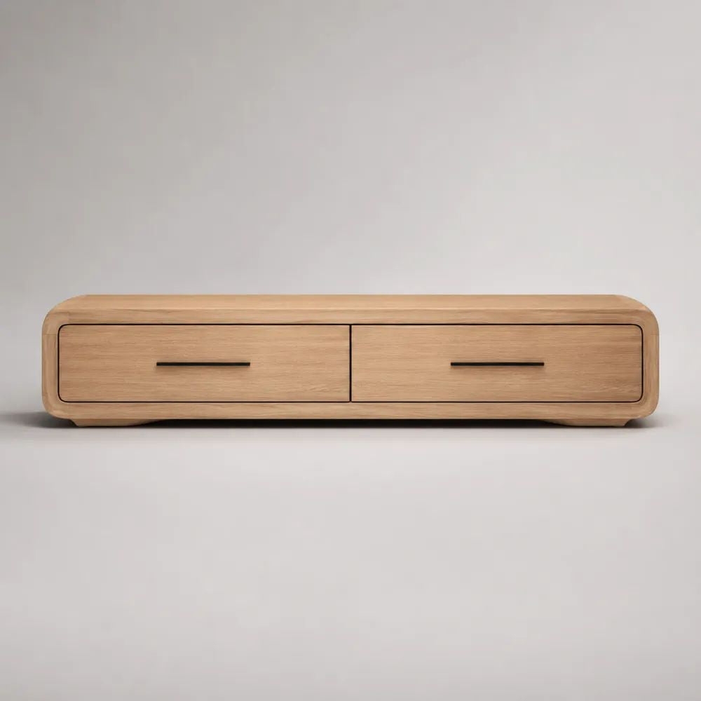 Mobile TV basso rettangolare in MDF impiallacciato rovere naturale e nero con 2 cassetti, 160 x 40 x 45 cm