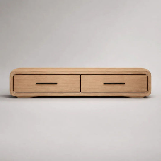 Mobile TV basso rettangolare in MDF impiallacciato rovere naturale e nero con 2 cassetti, 160 x 40 x 45 cm
