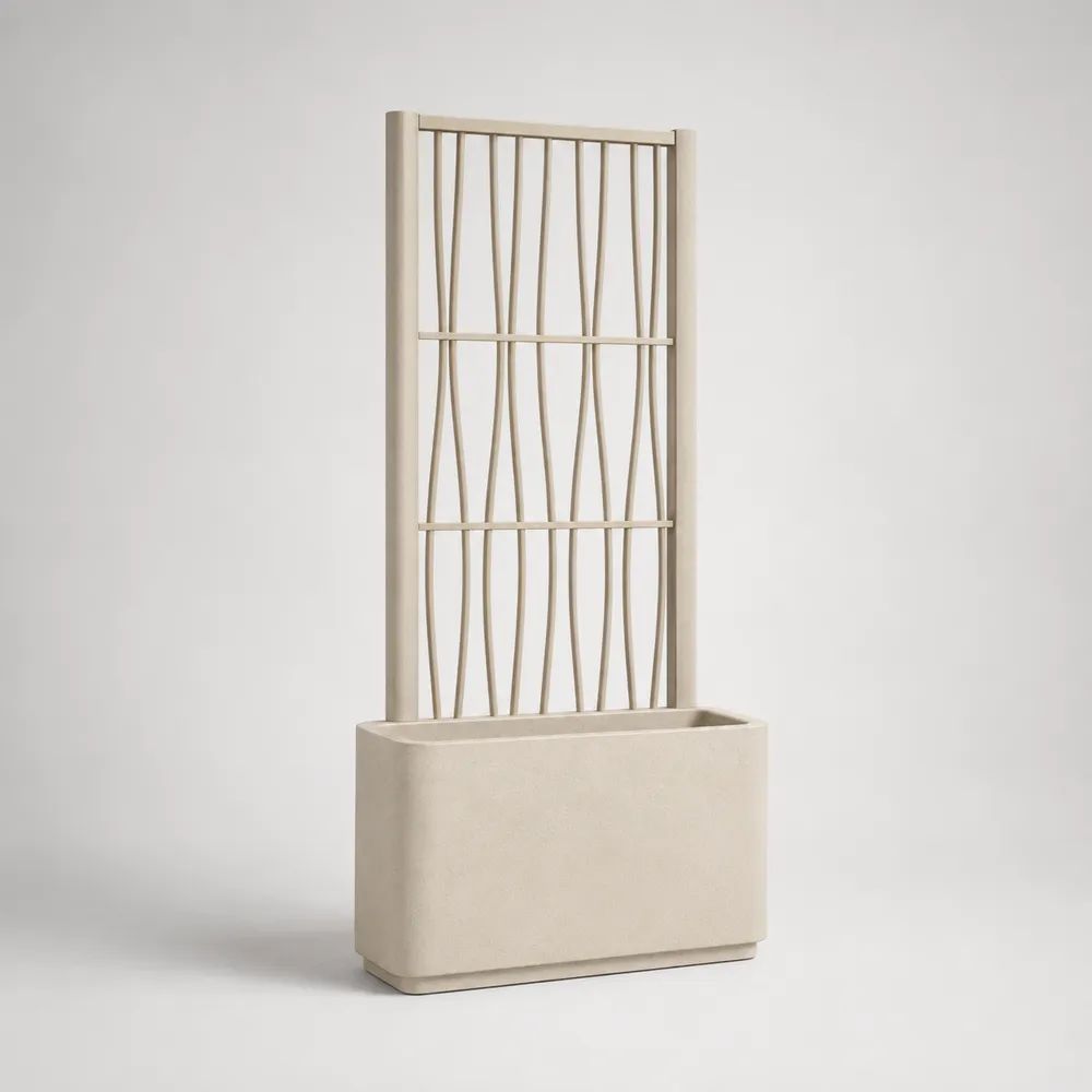 Fioriera rettangolare beige con grigliato per piante rampicanti in vetroresina e acciaio, 80 x 30 x 160 cm