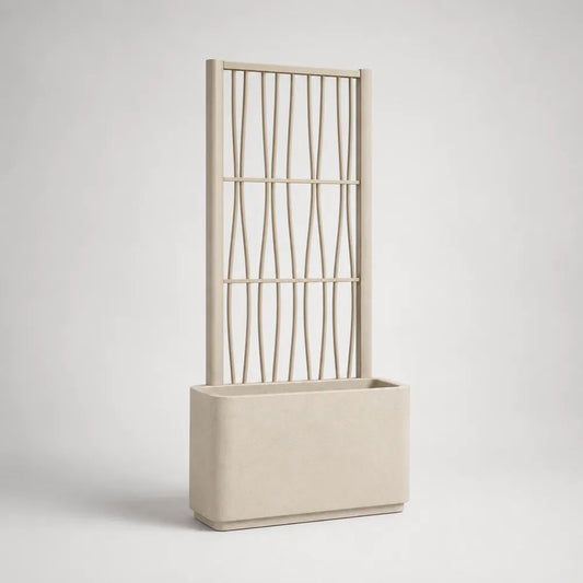 Fioriera rettangolare beige con grigliato per piante rampicanti in vetroresina e acciaio, 80 x 30 x 160 cm