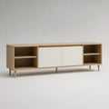 Mobile TV basso rettangolare in legno rovere naturale e bianco con 2 ante e 4 vani a giorno, 180 x 40 x 65 cm