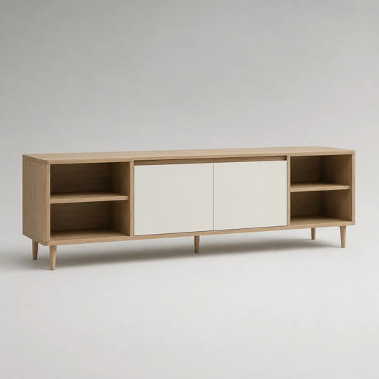 Mobile TV basso rettangolare in legno rovere naturale e bianco con 2 ante e 4 vani a giorno, 180 x 40 x 65 cm