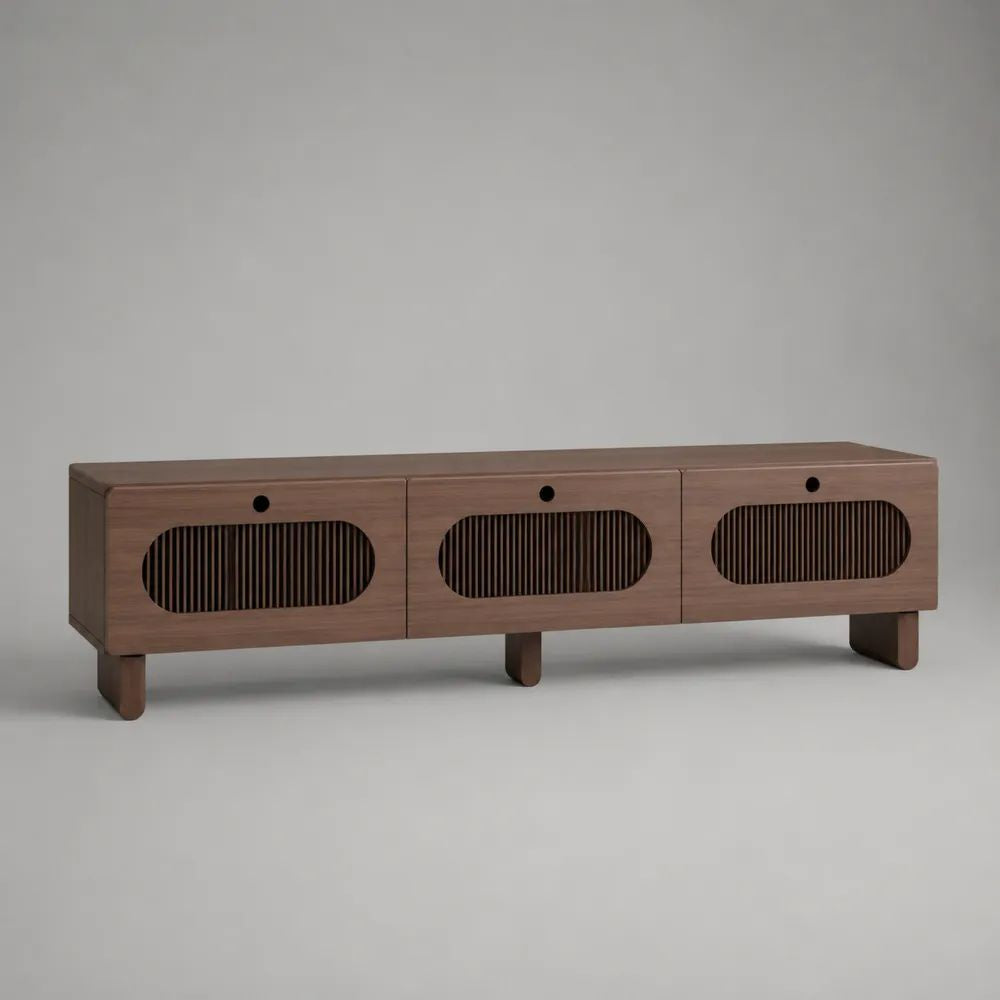 Mobile TV basso rettangolare marrone noce e nero a 3 ante in MDF impiallacciato, 180 × 40 × 55 cm