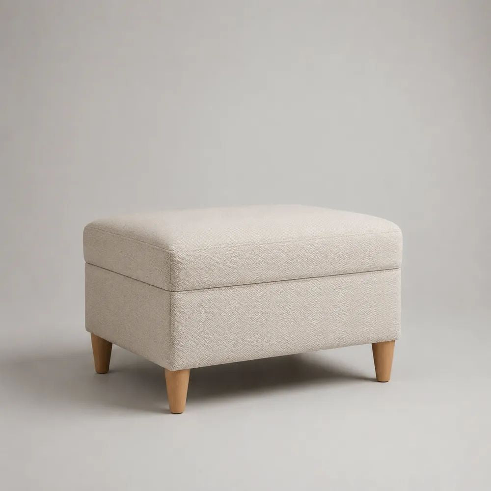 Poggiapiedi imbottito rettangolare beige in poliestere con gambe in legno massello, 60 x 50 x 45 cm
