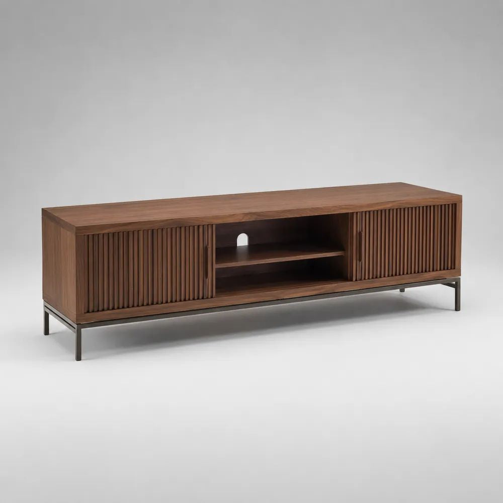 Mobile TV basso rettangolare in legno massello di mango e acciaio, marrone noce e nero, 180 x 40 x 60 cm, con 2 ante scorrevoli